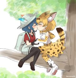 Rule 34 | 10s, 2girls, animal ears, animal print, ankle boots, backpack, bag, blue hair, blush, boots, bow, bowtie, eromame, closed eyes, feathers, gloves, hat, hat feather, holding hands, in tree, kaban (kemono friends), kemono friends, kemonomimi mode, kiss, loafers, multiple girls, pantyhose, pantyhose under shorts, paw shoes, print bow, print bowtie, print gloves, print legwear, print neckwear, print skirt, serval (kemono friends), serval print, serval tail, shoes, short hair, shorts, skirt, tail, thighhighs, tree, twitter username, yuri
