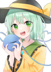 Rule 34 | 1girl, :d, absurdres, black hat, green eyes, green hair, hat, hat ribbon, heart, heart of string, highres, koishi day, komeiji koishi, long sleeves, looking at viewer, nahoshi (sevenstar744), open mouth, ribbon, short hair, simple background, smile, solo, third eye, touhou, upper body, white background, wide sleeves, yellow ribbon