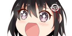 Rule 34 | + +, 10s, 1girl, black hair, close-up, haguro (kancolle), hair between eyes, hair ornament, kantai collection, looking at viewer, nahaki, no nose, open mouth, portrait, purple eyes, short hair, simple background, sin-poi, solo, sparkling eyes, symbol-shaped pupils, white background