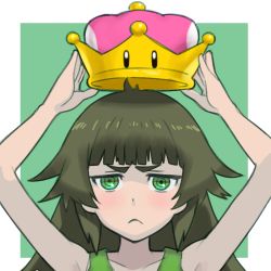 Rule 34 | 1girl, arms up, black hair, blush, frown, green background, green eyes, hiyajou maho, long hair, mario (series), menomorute, new super mario bros. u deluxe, nintendo, parody, portrait, solo, steins;gate, steins;gate 0, super crown, thick eyebrows, two-tone background, white background