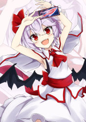 Rule 34 | 1girl, akisome hatsuka, bare arms, bat wings, bow, capelet, card, collarbone, collared shirt, frilled skirt, frills, hair between eyes, hair bow, holding, holding card, looking at viewer, open mouth, pointy ears, purple hair, red bow, red eyes, red neckwear, red sash, remilia scarlet, sash, shirt, short hair, skirt, sleeveless, sleeveless shirt, smile, solo, spear the gungnir, spell card, touhou, upper body, white capelet, white frills, white shirt, white skirt, wings, wrist cuffs