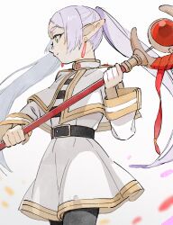 Rule 34 | 1girl, absurdres, capelet, earrings, frieren, highres, holding, holding staff, jewelry, looking to the side, pointy ears, solo, sousou no frieren, staff, twintails, watamoke, white capelet, white hair