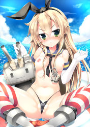 Rule 34 | &gt;:&lt;, 10s, 1girl, :&lt;, anchor hair ornament, blonde hair, blush, breasts, closed mouth, cloud, day, detached collar, elbow gloves, g-string, gloves, green eyes, hair ornament, hair ribbon, innertube, inuzumi masaki, kantai collection, long hair, looking at viewer, nipples, nose blush, outdoors, panties, partially visible vulva, rensouhou-chan, ribbon, sailor collar, shimakaze (kancolle), small breasts, spread legs, striped clothes, striped thighhighs, swim ring, thighhighs, thong, underwear, v-shaped eyebrows, water, white gloves