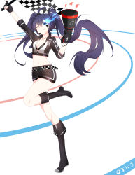 Rule 34 | 1girl, ;), absurdres, ahoge, artist name, asymmetrical hair, bad id, bad pixiv id, bikini, bikini top only, black bikini, black footwear, black gloves, black rock shooter, black rock shooter (character), black shorts, blue eyes, blue hair, boots, breasts, checkered belt, checkered flag, cleavage, collarbone, fingerless gloves, flag, floating hair, full body, gloves, groin, head tilt, highres, holding, holding megaphone, index finger raised, knee boots, long hair, medium breasts, megaphone, midriff, navel, one eye closed, oywj, race queen, short shorts, shorts, smile, solo, standing, standing on one leg, stomach, swimsuit, twintails, very long hair