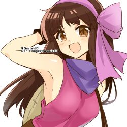 Rule 34 | 1girl, arm up, armpits, bare shoulders, bow, breasts, brown eyes, brown hair, daisy (fire emblem), fire emblem, fire emblem: genealogy of the holy war, hair bow, looking at viewer, medium breasts, nintendo, open mouth, pink bow, purple scarf, scarf, sideboob, sleeveless, solo, yukia (firstaid0)