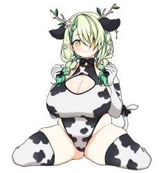 Rule 34 | 1girl, alternate hairstyle, animal ears, animal print, antlers, bell, blush, bow, braid, breasts, ceres fauna, cleavage, cleavage cutout, closed mouth, clothing cutout, cow ears, cow print, cowbell, elbow gloves, fake animal ears, fake tail, flower, gloves, green hair, hair flower, hair ornament, hair over one eye, highres, hololive, hololive english, horns, huge breasts, looking at viewer, low twin braids, medium hair, mole, mole under eye, neck ribbon, okunin, one-piece swimsuit, plump, ribbon, simple background, sitting, smile, solo, swept bangs, swimsuit, tail, tail bow, tail ornament, thighhighs, thighs, twin braids, virtual youtuber, wariza, white background, yellow eyes