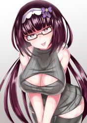 Rule 34 | 1girl, :p, black hair, black sweater, black thighhighs, breasts, cleavage, cleavage cutout, clothing cutout, commentary request, dress, fate/grand order, fate (series), glasses, hairband, head tilt, highres, large breasts, leaning forward, long hair, meme attire, open-chest sweater, osakabehime (fate), purple eyes, ribbed sweater, semi-rimless eyewear, sleeveless, sleeveless sweater, solo, sumida kichi, sweat, sweater, sweater dress, thighhighs, tongue, tongue out, under-rim eyewear, very long hair