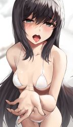 Rule 34 | 1girl, bikini, black eyes, black hair, blush, breasts, cleavage, collarbone, hair between eyes, hairband, highres, long hair, looking at viewer, medium breasts, navel, open mouth, outstretched hand, simple background, solo, suou-sensei, swimsuit, thighs, tohno akiha, tongue, tongue out, tsukihime, white background, white bikini