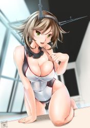 Rule 34 | 10s, 1girl, akatsuki akane, alternate costume, artist name, blurry, blurry background, breasts, brown hair, cleavage, clothes pull, collarbone, cropped, eyebrows, green eyes, headgear, indoors, kantai collection, large breasts, looking at viewer, mutsu (kancolle), navel, one-piece swimsuit, one-piece swimsuit pull, open mouth, pool, rei no pool, seductive smile, shiny skin, short hair, smile, solo, swimsuit, textless version, water, wet, wet clothes, wet hair