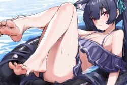 Rule 34 | 1girl, absurdres, animal ears, barefoot, black hair, blue archive, blush, feet, highres, innertube, long hair, looking at viewer, mr.zhuo, red eyes, serika (blue archive), soles, swim ring, swimsuit, toes, twintails