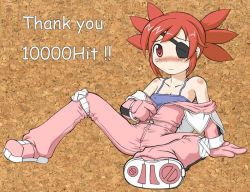 Rule 34 | 1girl, arm support, bare shoulders, belt, blush, body blush, bodysuit, camisole, capelet, closed mouth, collarbone, covered erect nipples, embarrassed, english text, eyepatch, flat chest, foreshortening, full body, gloves, jumpsuit, knee pads, knee up, leaning back, looking at viewer, milestone celebration, mito, mito (rumble fish), mito (the rumble fish), nose blush, off shoulder, pink footwear, pink gloves, raised eyebrows, red eyes, red hair, rumble fish 2, shoes, short hair, short twintails, sidelocks, single vertical stripe, sitting, sneakers, soles, solo, spiked hair, spread legs, thank you, the rumble fish, the rumble fish 2, twintails, unzipped, unzipping, wavy mouth