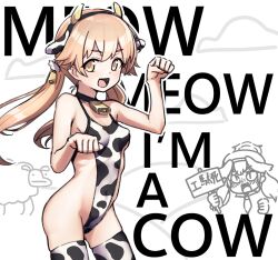 Rule 34 | 1other, alternate costume, animal print, blush, breasts, chibi, cow print, english text, hifumi (blue archive), highres, hudeako, koharu (blue archive), light brown hair, medium breasts, one-piece swimsuit, sheep, swimsuit, thighhighs