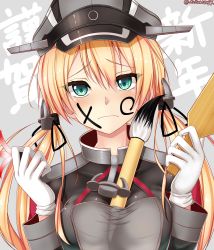 Rule 34 | 10s, 1girl, anchor hair ornament, black ribbon, blonde hair, blue eyes, calligraphy brush, commentary request, cowboy shot, facepaint, gloves, hair ornament, hat, highres, kantai collection, long hair, looking at viewer, low twintails, marking on cheek, military, military hat, military uniform, paintbrush, peaked cap, prinz eugen (kancolle), ribbon, sazamiso rx, solo, twintails, uniform, upper body, white gloves