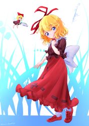 Rule 34 | 2girls, artist name, barefoot, blonde hair, blue background, blue eyes, blush, bobby socks, bow, bowtie, brown shirt, clenched hand, closed mouth, dress, fairy, fairy wings, female focus, flat chest, floating, flower, frilled skirt, frills, full body, hair bow, hair ribbon, hand on own chest, hand up, happy, head tilt, heel up, highres, holding, holding flower, katsura dendou, light blush, lily of the valley, looking at viewer, medicine melancholy, multiple girls, open mouth, puffy short sleeves, puffy sleeves, red bow, red footwear, red neckwear, red ribbon, red skirt, ribbon, ribbon-trimmed dress, ribbon-trimmed sleeves, ribbon trim, shirt, shoes, short hair, short sleeves, sidelocks, signature, skirt, smile, socks, solo focus, standing, su-san, touhou, twitter username, two-tone background, v arms, white flower, white legwear, wings