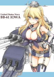 Rule 34 | 10s, 1girl, :q, ahoge, bare shoulders, blonde hair, blue eyes, breasts, character name, cleavage, closed mouth, clothing cutout, detached sleeves, elbow gloves, fingerless gloves, front-tie top, garter straps, gloves, hair between eyes, hand on own hip, headgear, highres, iowa (kancolle), kantai collection, large breasts, licking lips, long hair, looking at viewer, miniskirt, navel, navel cutout, okutama tarou, revision, skirt, smile, solo, star-shaped pupils, star (symbol), symbol-shaped pupils, thighhighs, tongue, tongue out, wavy hair