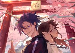 Rule 34 | 1boy, 1girl, back-to-back, black neckwear, blue eyes, brown hair, cherry blossoms, coin, fingernails, hair between eyes, holding, holding coin, iki hiyori, mmmilk, noragami, outdoors, parted lips, petals, pink eyeshadow, pink lips, purple hair, signature, smile, teeth, torii, tree, upper body, yato (noragami)
