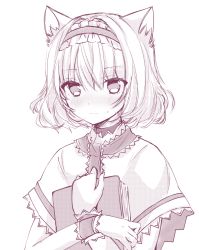Rule 34 | 1girl, alice margatroid, animal ear fluff, animal ears, bad id, bad pixiv id, blush, book, capelet, cat ears, closed mouth, frilled hairband, frills, hair between eyes, hairband, holding, holding book, looking at viewer, monochrome, nanase nao, simple background, solo, sweat, touhou, upper body, white background, wrist cuffs
