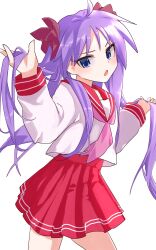 Rule 34 | 1girl, absurdres, blue eyes, bow, hair bow, highres, hiiragi kagami, long hair, long sleeves, looking at viewer, lucky star, omochimochii (nagata), open mouth, purple hair, red skirt, ryouou school uniform, school uniform, shirt, skirt, solo, twintails, very long hair, white background, white shirt