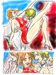 Rule 34 | 1boy, 2girls, angry, bare shoulders, black dress, blonde hair, breasts, charlotte pudding, cleavage, dress, gmotida, huge breasts, large breasts, long hair, multiple girls, nami (one piece), one piece, sanji (one piece), smile
