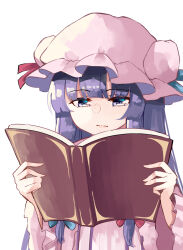 Rule 34 | 1girl, blue bow, blue ribbon, book, bow, closed mouth, deetamu, dress, hair bow, hat, hat ribbon, highres, holding, holding book, long hair, long sleeves, mob cap, patchouli knowledge, pink dress, pink hat, purple eyes, purple hair, reading, red bow, red ribbon, ribbon, simple background, solo, touhou, upper body, white background, wide sleeves