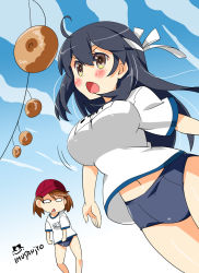 Rule 34 | 10s, 2girls, ahoge, alternate costume, artist name, black hair, bread, bread eating race, breast envy, brown eyes, brown hair, buruma, chestnut mouth, dutch angle, food, furrowed brow, gym uniform, hat, headband, highres, imu sanjo, jumping, kantai collection, long hair, multiple girls, name tag, navel, open mouth, ryuujou (kancolle), signature, sports festival, translation request, triangle mouth, twintails, ushio (kancolle)