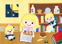 Rule 34 | 1girl, alice margatroid, blonde hair, blush, book, book stack, bookshelf, bow, capelet, crescent moon, crystal ball, cup, desk, doll, dolls, english text, hair bow, hairband, happy, highres, hourai doll, inkwell, moon, night, paper (medium), papercraft (medium), plant, poru (tohopunk), potted plant, pouring, quill, ribbon, shanghai doll, short hair, sky, smile, star (sky), starry sky, tea, teacup, teapot, touhou, unconventional media, window