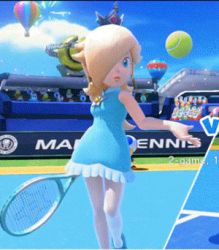 Rule 34 | 1girl, 3d, animated, animated gif, bare shoulders, blonde hair, blue eyes, closed mouth, crown, dress, female focus, frills, hair over one eye, jewelry, legs together, lips, long hair, lowres, mario (series), mario tennis, mario tennis: ultra smash, nintendo, outdoors, rosalina, sleeveless, solo, super mario bros. 1, super mario galaxy, tagme