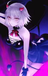 Rule 34 | 1girl, alternate costume, bare shoulders, black dress, black gloves, breasts, cleavage, closed mouth, commentary request, demon horns, demon tail, dress, expressionless, fake horns, fake tail, fate/grand order, fate (series), gloves, grey hair, halloween, halloween costume, highres, horns, jeanne d&#039;arc alter (fate), large breasts, looking at viewer, pale skin, roro 982, short hair, solo, strapless, strapless dress, tail, yellow eyes