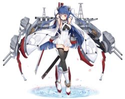 Rule 34 | 1girl, armpits, arms behind head, arms up, artist request, azur lane, blue hair, boots, breasts, cannon, detached sleeves, full body, glowing, glowing eyes, heterochromia, horns, ibuki (azur lane), large breasts, long hair, looking at viewer, solo, standing, sword, thighhighs, third-party source, transparent background, water, weapon