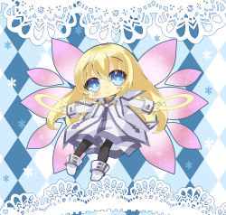 Rule 34 | 00s, 1girl, blonde hair, blue background, blue eyes, blush, border, checkered background, chibi, colette brunel, flower, highres, jewelry, lace, lace background, lace border, long hair, milkpanda, ornate border, pantyhose, ring, smile, solo, tales of (series), tales of symphonia, wings