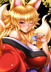 Rule 34 | 1girl, ;), ahoge, alcohol, animal ears, bare shoulders, black background, blonde hair, blush, breasts, choko (cup), cup, drunk, female focus, floral print, fox ears, fox girl, fox tail, from side, holding, holding cup, izuna (shinrabanshou), japanese clothes, kimono, kitsune, kittan (cve27426), kyuubi, large breasts, lips, long hair, looking at viewer, multiple tails, nail polish, nose blush, obi, off shoulder, one eye closed, orange eyes, parted lips, red eyes, red nails, sake, sash, scroll, shinrabanshou, sidelocks, simple background, smile, solo, tail, tsurime, upper body, wink, yukata