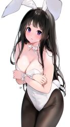 Rule 34 | 1girl, absurdres, alternate costume, animal ears, bare arms, bare shoulders, black hair, black pantyhose, blush, bow, bowtie, breasts, brown pantyhose, chitanda eru, cleavage, commentary request, covering privates, covering breasts, cowboy shot, crossed arms, fake animal ears, fake tail, groin, highleg, highleg leotard, highres, hyouka, leotard, long hair, looking at viewer, medium breasts, mery (yangmalgage), pantyhose, parted lips, playboy bunny, purple eyes, rabbit ears, rabbit tail, raised eyebrows, ribbon, sidelocks, simple background, solo, strapless, strapless leotard, sweatdrop, tail, thighs, white background, white bow, white bowtie, white leotard, white ribbon, wrist ribbon