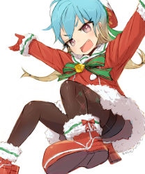 Rule 34 | 1girl, alchera, alternate costume, blonde hair, blue hair, buttons, christmas, commentary request, fang, gradient hair, green ribbon, hands up, hat, jumping, kantai collection, long hair, looking at viewer, multicolored hair, open mouth, pantyhose, red eyes, ribbon, rudder footwear, sado (kancolle), santa costume, santa hat, smile, solo, tsurime