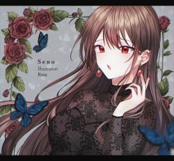 Rule 34 | 1girl, animal, bad id, bad pixiv id, black dress, blurry, blurry foreground, blush, breasts, brown hair, bug, butterfly, commentary, depth of field, dress, earrings, floral print, flower, glint, grey background, hair between eyes, hand up, highres, insect, jewelry, letterboxed, long hair, long sleeves, looking at viewer, medium breasts, nail polish, original, parted lips, print dress, red eyes, red flower, red nails, red rose, rose, rose print, seno (senohime), solo, upper body