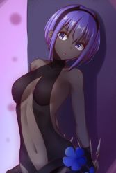 Rule 34 | 1girl, :o, against wall, arched back, arms behind back, bare arms, bare shoulders, between fingers, black hairband, breasts, center opening, collarbone, dark-skinned female, dark skin, fate/prototype, fate/prototype: fragments of blue and silver, fate (series), hairband, hassan of serenity (fate), head tilt, hesumi, highres, holding, holding weapon, kunai, looking at viewer, medium breasts, navel, open mouth, pink background, purple eyes, purple hair, revealing clothes, short hair, solo, stomach, upper body, weapon