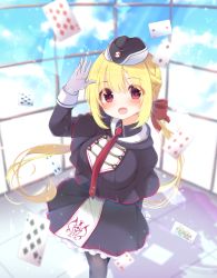 Rule 34 | 1girl, absurdres, arihara nanami, arm behind back, black capelet, black hat, black pantyhose, black shirt, black skirt, blonde hair, blue sky, blush, breasts, capelet, card, cloud, collared shirt, day, female focus, frilled skirt, frills, garrison cap, gattengou, gloves, hand up, happy, hat, highres, indoors, long hair, long sleeves, looking at viewer, medium breasts, necktie, open mouth, pantyhose, playing card, queen (playing card), queen of hearts (playing card), red eyes, red necktie, riddle joker, shirt, sidelocks, skirt, sky, smile, solo, standing, sunlight, twintails, waving, white gloves, window