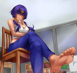 Rule 34 | 1girl, alternate costume, bare arms, barefoot, book, bookshelf, breasts, candace (genshin impact), chair, crossed legs, dark-skinned female, dark skin, denim, feet, genshin impact, hair ornament, heterochromia, highres, ianzky, jeans, jewelry, long hair, looking at viewer, pants, plant, purple hair, sitting, smile, soles, solo, tank top, television, toes, twintails, very long hair, window