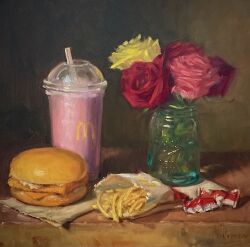 commentary cup drinking_straw english_commentary filet-o-fish flower food food_focus french_fries highres mcdonald&#039;s milkshake no_humans noah_verrier oil_painting_(medium) original painting_(medium) red_flower red_rose rose sandwich still_life traditional_media vase yellow_flower yellow_rose