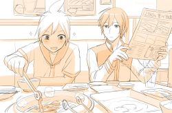 Rule 34 | 2boys, blush, booth seating, bowl, chopsticks, coat, cup, drawing (object), drooling, food, fruit, grill, holding, holding menu, indoors, kagamine len, kaito (vocaloid), leaning forward, male focus, meat, menu, monochrome, mouth drool, multiple boys, nokuhashi, pig, plate, restaurant, seat, short hair, sitting, sketch, smile, sparkle, steam, strawberry, tongs, vocaloid, yakiniku