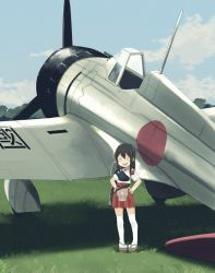 Rule 34 | 1girl, a5m, aged down, aircraft, airplane, akagi (kancolle), annin musou, bad id, bad twitter id, bandaid, bandaid on face, black hair, blue sky, cloud, commentary request, day, full body, geta, grass, hakama, hakama short skirt, hakama skirt, hands in pockets, highres, japanese clothes, kantai collection, long hair, muneate, open mouth, outdoors, red hakama, round teeth, sandals, skirt, sky, smile, solo, standing, straight hair, tasuki, teeth, thighhighs, upper teeth only, vehicle focus, white thighhighs, wide shot