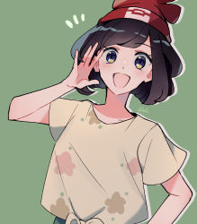 Rule 34 | 1girl, :d, beanie, blue eyes, brown hair, creatures (company), floral print, game freak, green background, green shorts, hand up, hat, highres, looking at viewer, nintendo, notice lines, open mouth, pokemon, pokemon sm, red hat, selene (pokemon), shirt, short hair, short sleeves, shorts, signature, simple background, smile, solo, t-shirt, tere asahi, tied shirt, upper body, yellow shirt