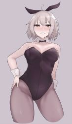 Rule 34 | 1girl, ahoge, alternate costume, bare shoulders, black leotard, black ribbon, blush, breasts, clenched teeth, collarbone, contrapposto, cowboy shot, cropped legs, detached collar, embarrassed, fate/apocrypha, fate (series), from below, full-face blush, grey background, grey pantyhose, hair ribbon, hand on own hip, highres, ichijou (kr neru0), jeanne d&#039;arc (fate), jeanne d&#039;arc alter (avenger) (fate), jeanne d&#039;arc alter (fate), legs apart, leotard, looking down, medium breasts, open mouth, pantyhose, playboy bunny, ribbon, silver hair, solo, standing, strapless, strapless leotard, tearing up, tears, teeth, wrist cuffs, yellow background