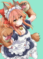 Rule 34 | 1girl, animal ears, animal hands, apron, bell, breasts, cat paws, cleavage, collar, fangs, fate/grand order, fate (series), fox ears, fox tail, gloves, green background, hair ribbon, highres, jingle bell, large breasts, long hair, looking at viewer, maid headdress, musupon214, neck bell, paw gloves, paw shoes, pink hair, red ribbon, ribbon, shoes, simple background, solo, tail, tamamo (fate), tamamo cat (fate), tamamo cat (second ascension) (fate), yellow eyes
