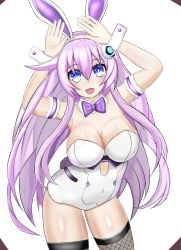 Rule 34 | animal ears, arms up, bare shoulders, blue eyes, boarder, bodysuit, breasts, brown boarder, cleavage, cowboy shot, cuffs, detached collar, elboes, fake animal ears, fishnets, hair ornament, happy, highres, leggings, leotard, long hair, medium breasts, nepgear, neptune (series), open mouth, pink hair, playboy bunny, purple sister, rabbit ears, ribbon, stiris rangetsu, thighhighs, thighs, white background