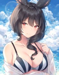 Rule 34 | 1girl, animal ears, ayuanlv, bare shoulders, bikini, black hair, blouse, blue sky, blurry, breasts, cleavage, cloud, collarbone, dated, day, depth of field, final fantasy, final fantasy xiv, large breasts, long hair, long sleeves, looking at viewer, medium breasts, open clothes, open shirt, outdoors, rabbit ears, red eyes, shirt, sidelocks, signature, sky, solo, striped bikini, striped clothes, swimsuit, two-tone bikini, viera, warrior of light (ff14), water drop, wavy hair, wet, wet clothes, wet shirt, white shirt