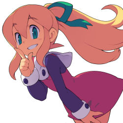 Rule 34 | 1girl, blonde hair, blush stickers, commentary request, dress, finger to mouth, green eyes, green outline, green ribbon, grin, hair between eyes, hair ribbon, hand up, index finger raised, long hair, long sleeves, looking at viewer, mega man (classic), mega man (series), metata, outline, ponytail, red dress, redrawn, ribbon, roll (mega man), simple background, smile, solo, teeth, white background