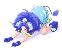 Rule 34 | 10s, 1girl, all fours, animal ears, blue footwear, blue gloves, blue hair, blue shirt, blue skirt, cat stretch, chocokin, cure gelato, extra ears, closed eyes, full body, gloves, kirakira precure a la mode, lion ears, lion tail, long hair, magical girl, pet play, precure, shirt, shoes, signature, simple background, skirt, solo, stretching, tail, tategami aoi, trembling, white background