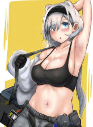 Rule 34 | 1girl, :o, absurdres, animal ears, arknights, arm up, armpits, aurora (arknights), aurora (elite ii) (arknights), bare arms, bare shoulders, bear ears, belt, black gloves, black hairband, blue eyes, breasts, cleavage, collarbone, commentary, crop top, gloves, groin, hair over one eye, hairband, highres, large breasts, long hair, looking at viewer, m e e p y, midriff, navel, off shoulder, parted lips, pouch, solo, sports bra, stomach, upper body, very long hair, white hair