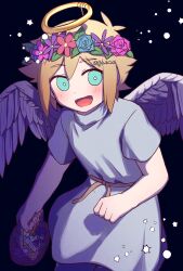 Rule 34 | 1boy, :d, alternate costume, angel wings, basil (headspace) (omori), basil (omori), basket, blonde hair, blue background, blue eyes, blue flower, blue rose, blush, bright pupils, cowboy shot, dress, feathered wings, flower, flower wreath, from side, halo, head wreath, highres, holding, holding basket, ja6m6, leaf, looking at viewer, male focus, no sclera, omori, open mouth, rose, short hair, signature, simple background, smile, solo, standing, twitter username, white dress, white pupils, wings