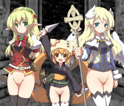Rule 34 | 3girls, blonde hair, blue eyes, blush, bottomless, bow, brown eyes, chikyuujin a, cleft of venus, elf, female focus, green eyes, hat, knife, long hair, looking at viewer, multiple girls, open mouth, orange hair, outdoors, pointy ears, pubic hair, pussy, smile, staff, standing, thighhighs, twintails, uncensored, uniform, weapon